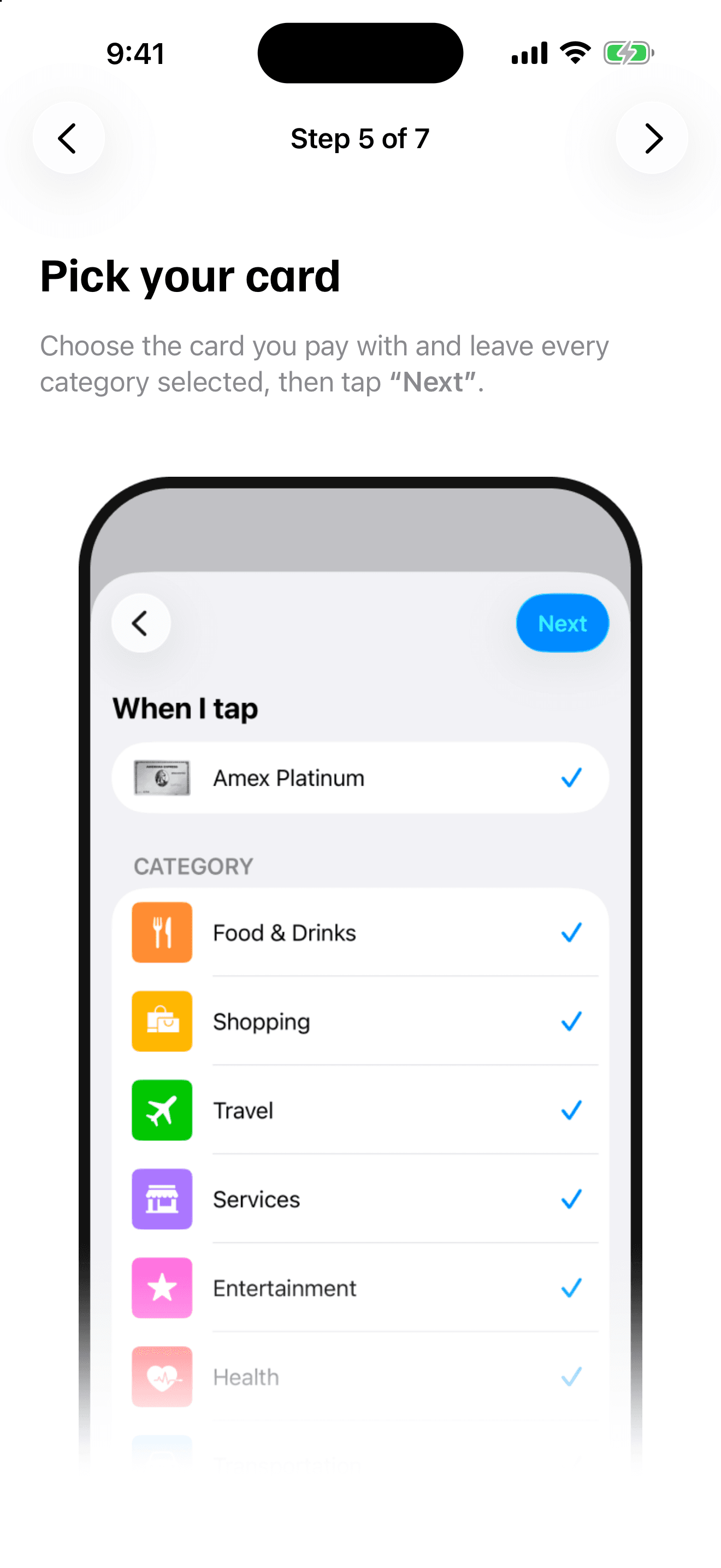 Lucia's Apple Pay setup, choosing which card logs itself