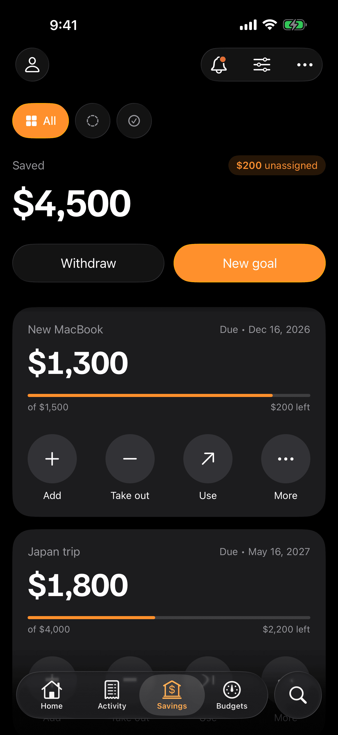 Lucia savings goals screen