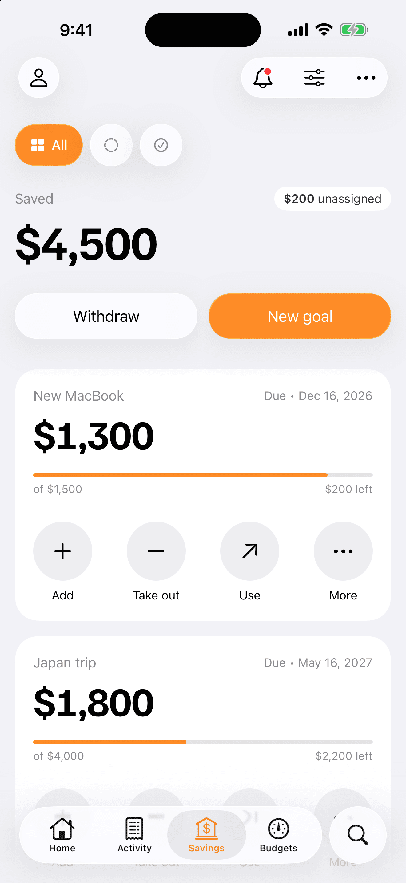 Lucia savings goals screen